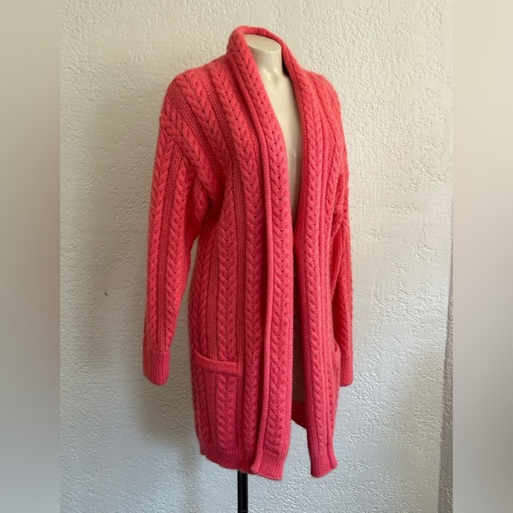 CARLISLE SPORT mohair blend cable knit salmon color/open front cardigan … - Picture 2 of 9